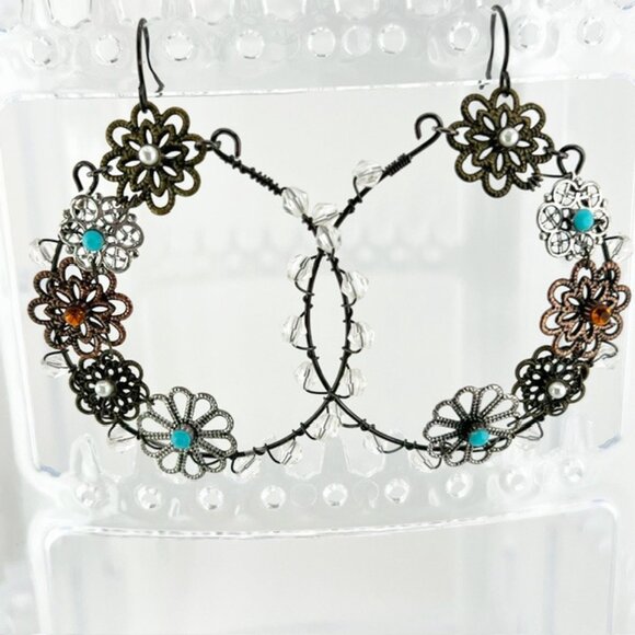 Florals on a Hoop Drop Earrings, various metal tones - Picture 1 of 2